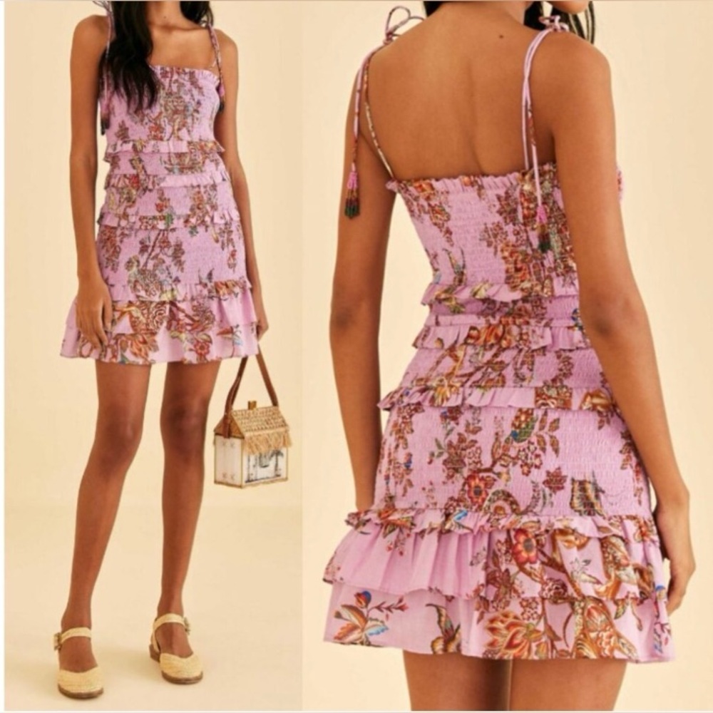 NEW FARM Rio Floral Monkey Lilac Smocked Mini Dress Beaded Tassels Size XL
